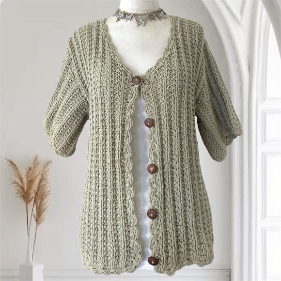 Whimsygoth Boho Cotton Knitted Knit Short Sleeve Cardigan Top hand knitted - Picture 1 of 8